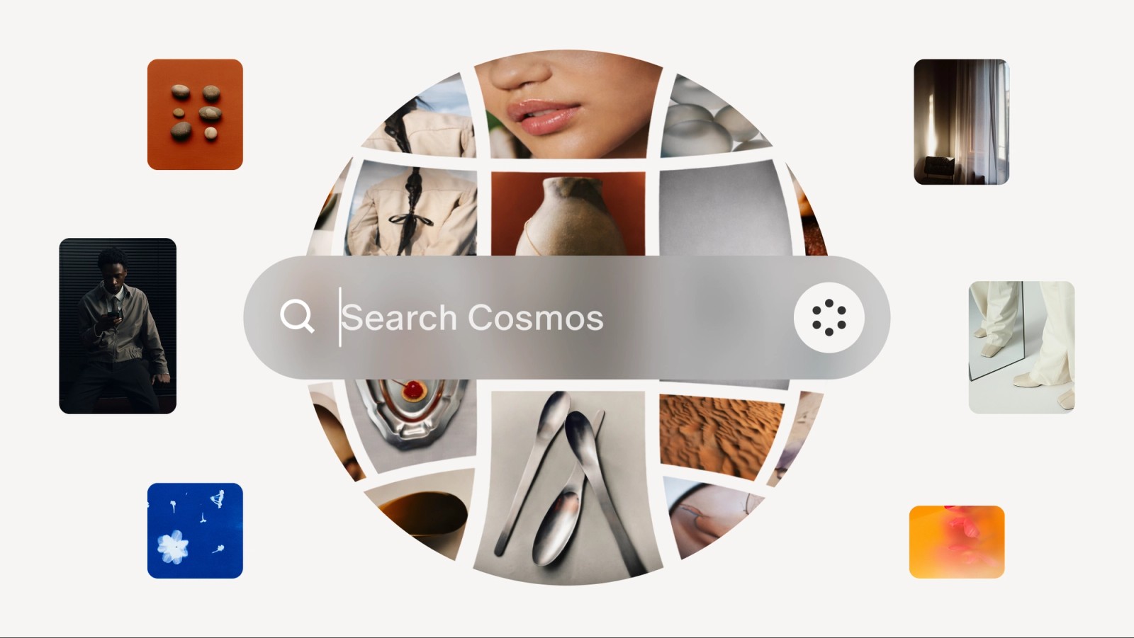 Cosmos promotional illustration combining a search bar with visual references