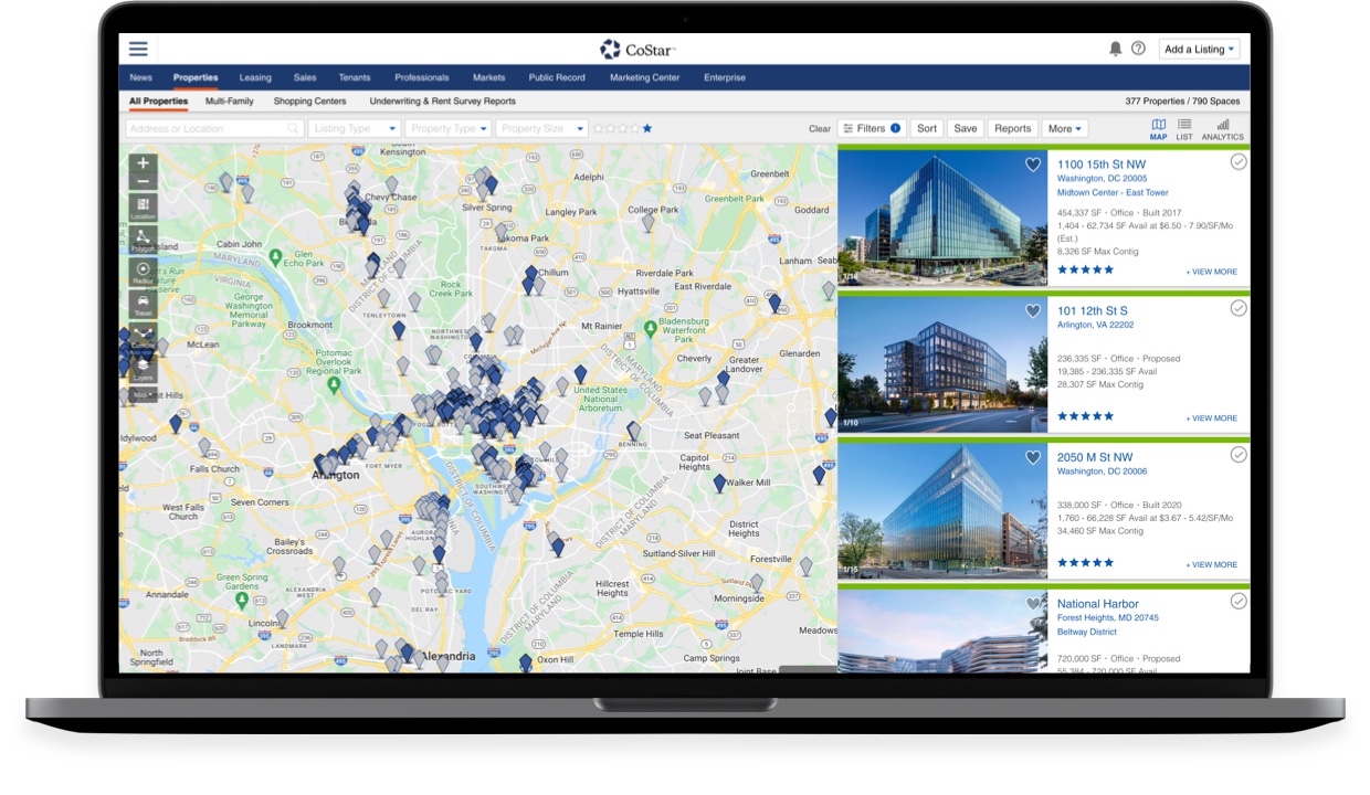 CoStar commercial property research displayed on a laptop