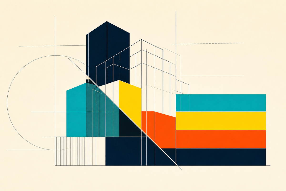 Abstract Swiss-style composition of buildings, layered capital and a diagonal risk line