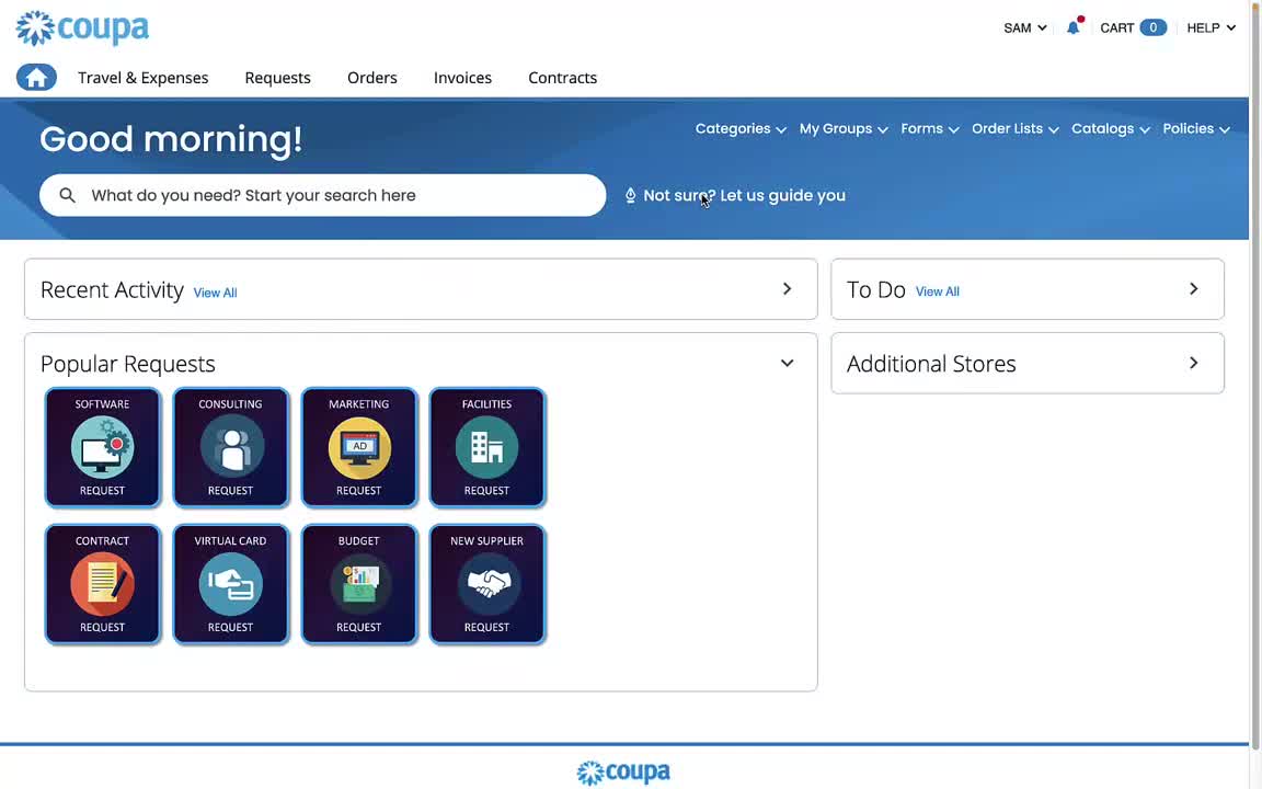 Coupa purchasing dashboard with common request categories and a central search bar
