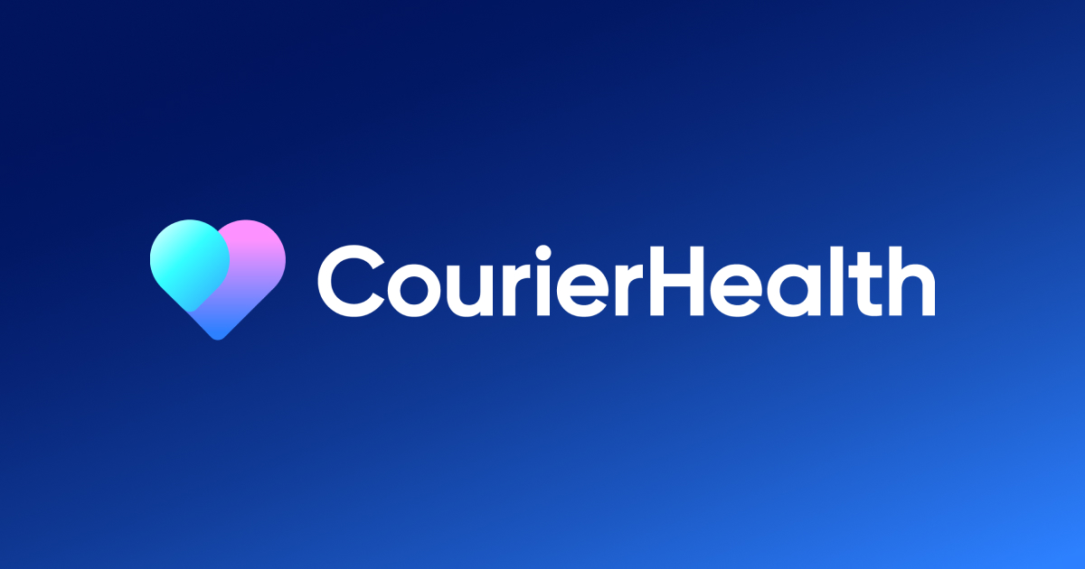 Courier Health logo - two-toned heart mark beside the CourierHealth wordmark on a navy field