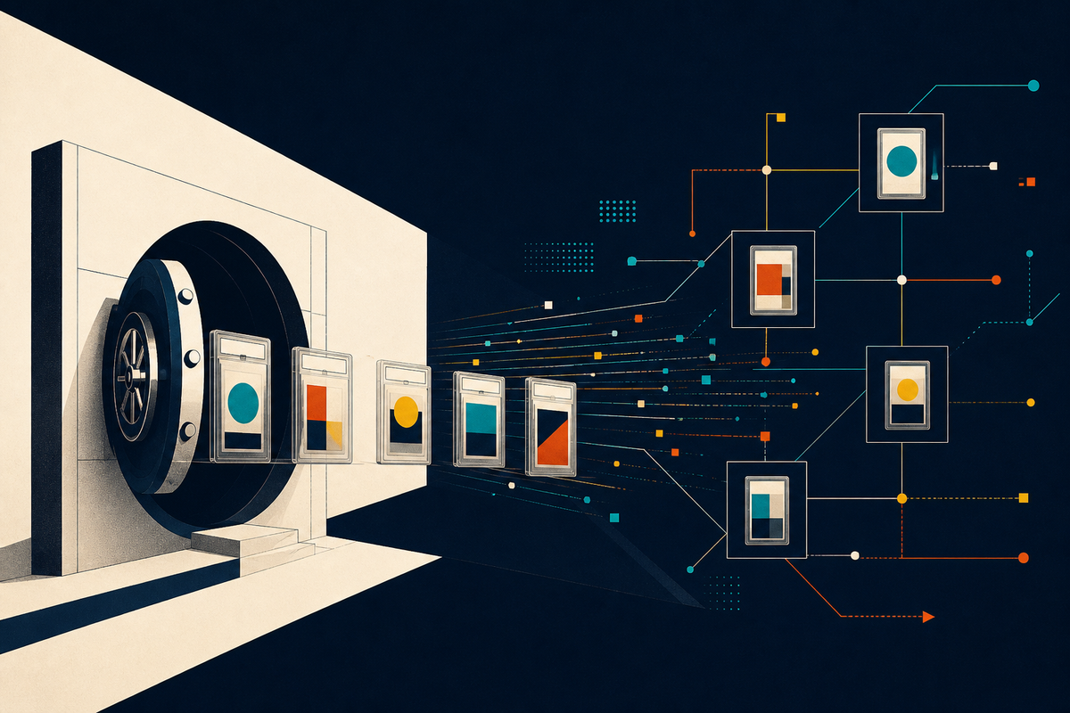 Abstract Swiss-style illustration of collectible cards moving from a secure vault into a digital network