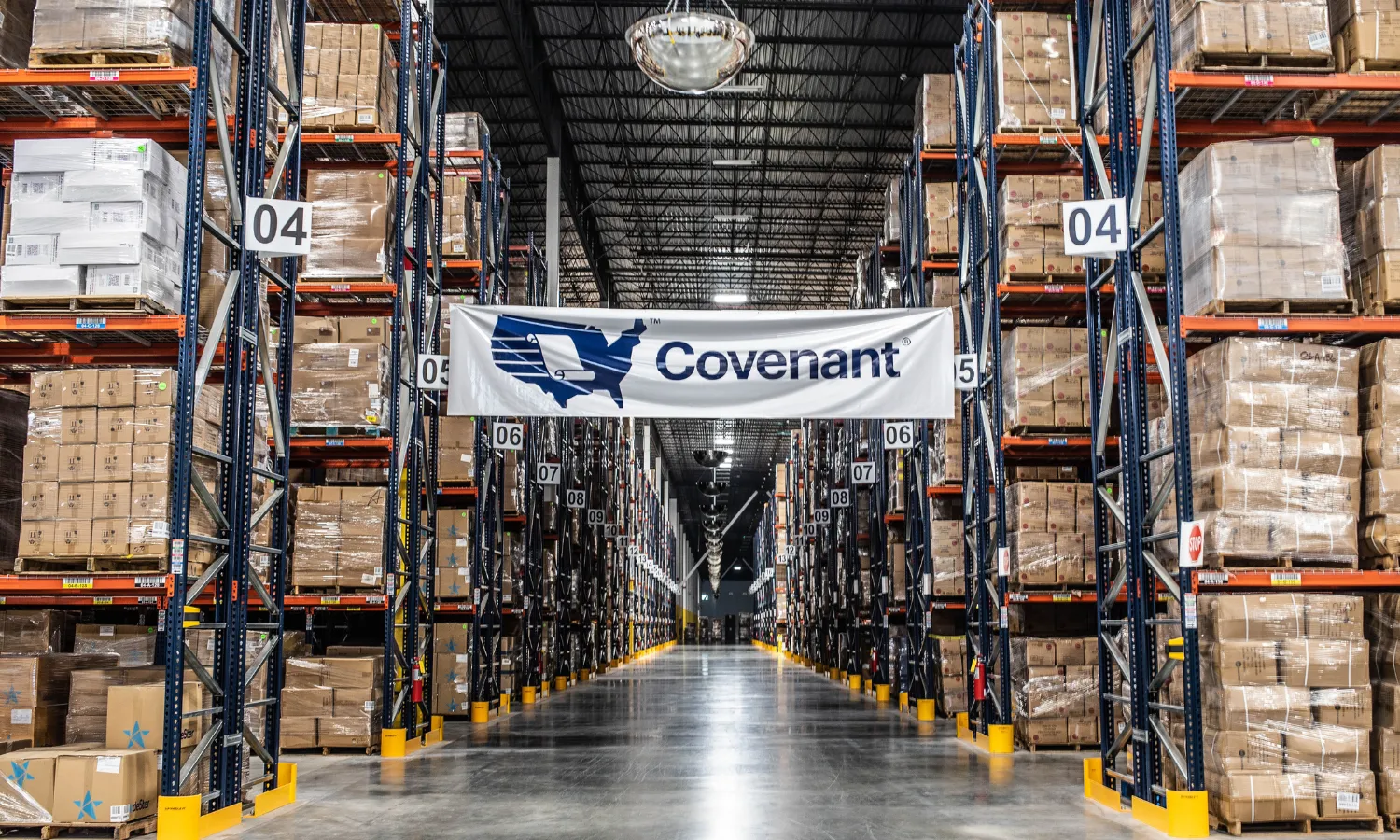Pallet racks and stored goods inside a Covenant distribution facility