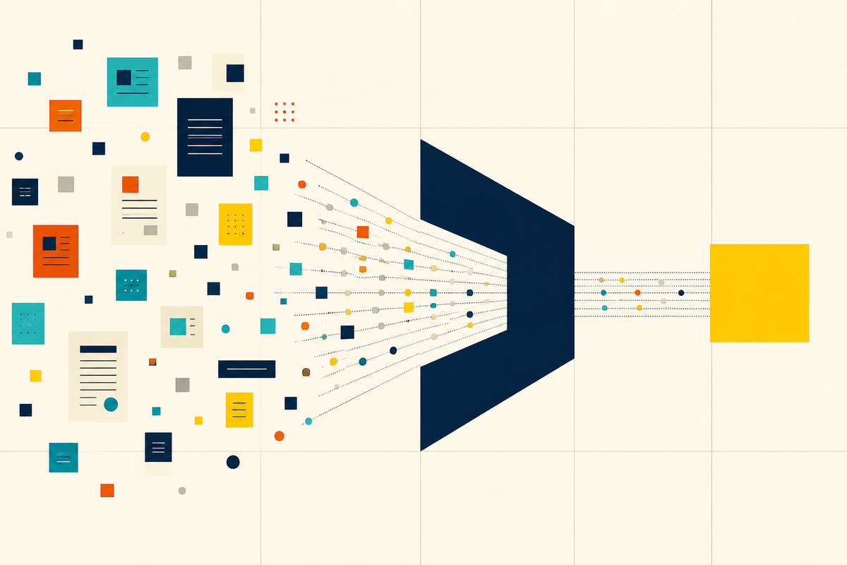 Abstract geometric illustration of scattered information passing through a relevance engine and emerging as one precise result