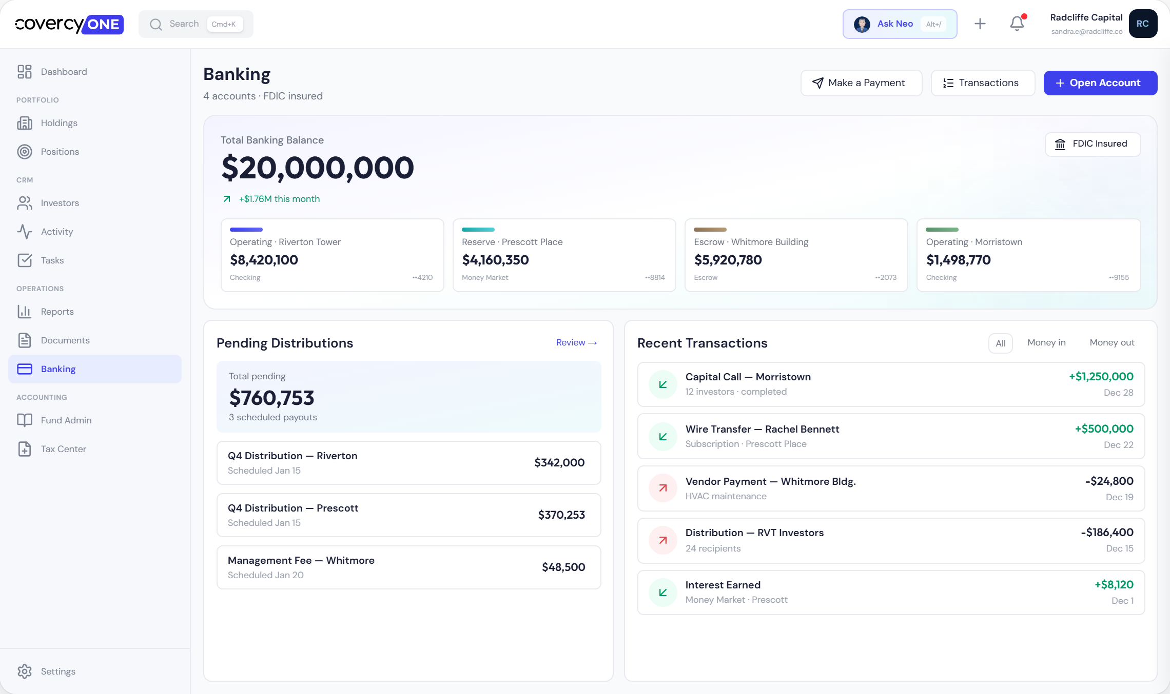Covercy One banking dashboard showing account balances and transactions
