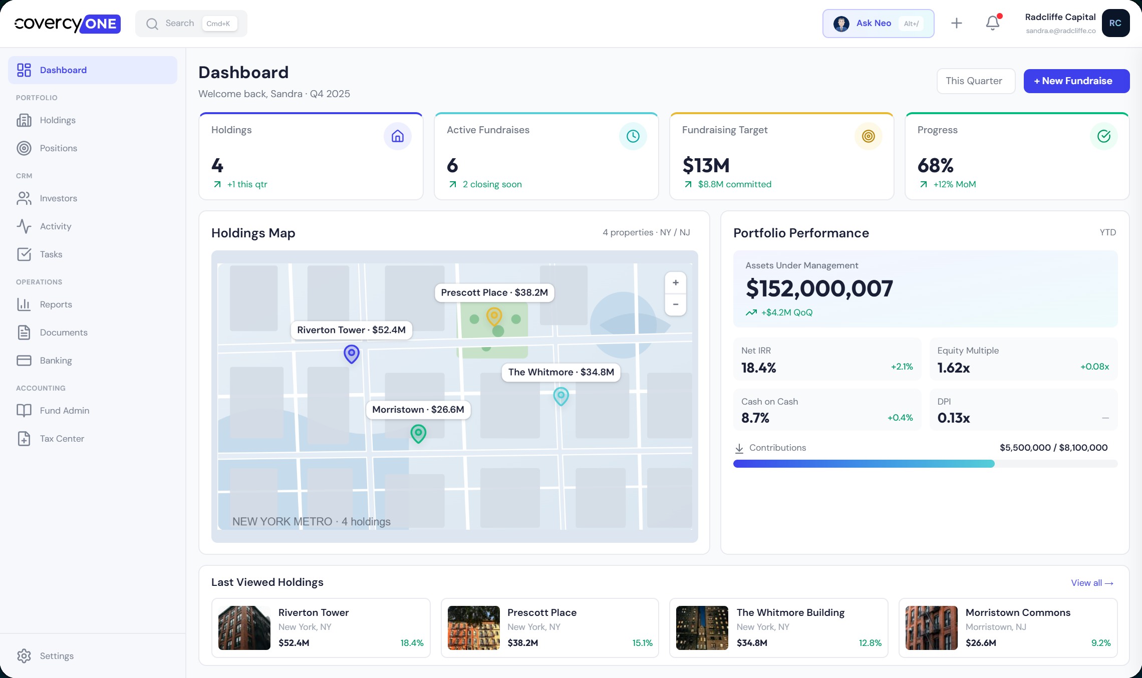 Covercy One portfolio dashboard with holdings and performance information