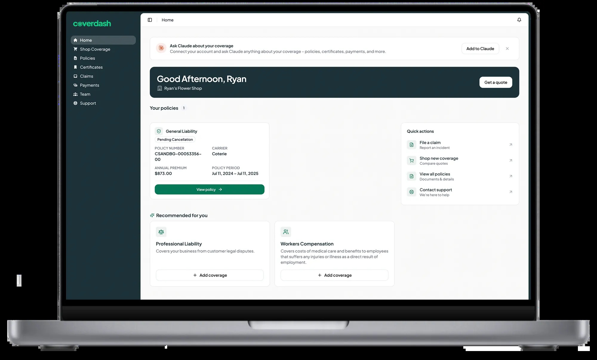 Coverdash promotional mockup showing its policy-management dashboard on a laptop