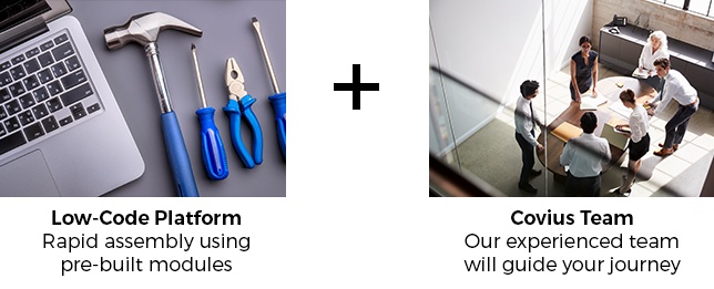 Covius illustration pairing reusable low-code platform modules with implementation support