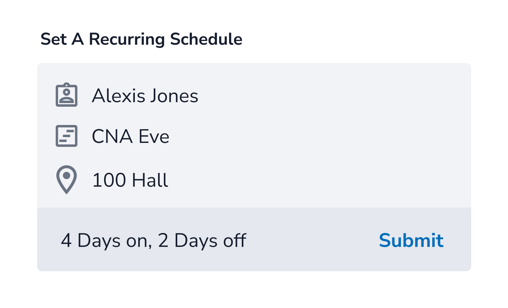 Covr Flow scheduling interface showing a long-term care staffing calendar