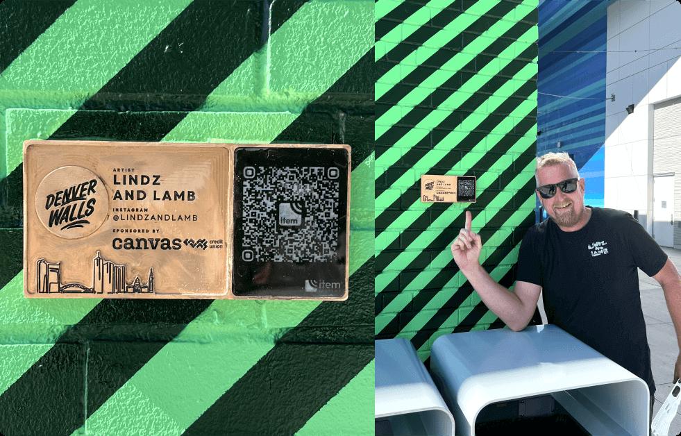 Bronze DENVER WALLS plaque beside a green mural, shown in detail and at the installation