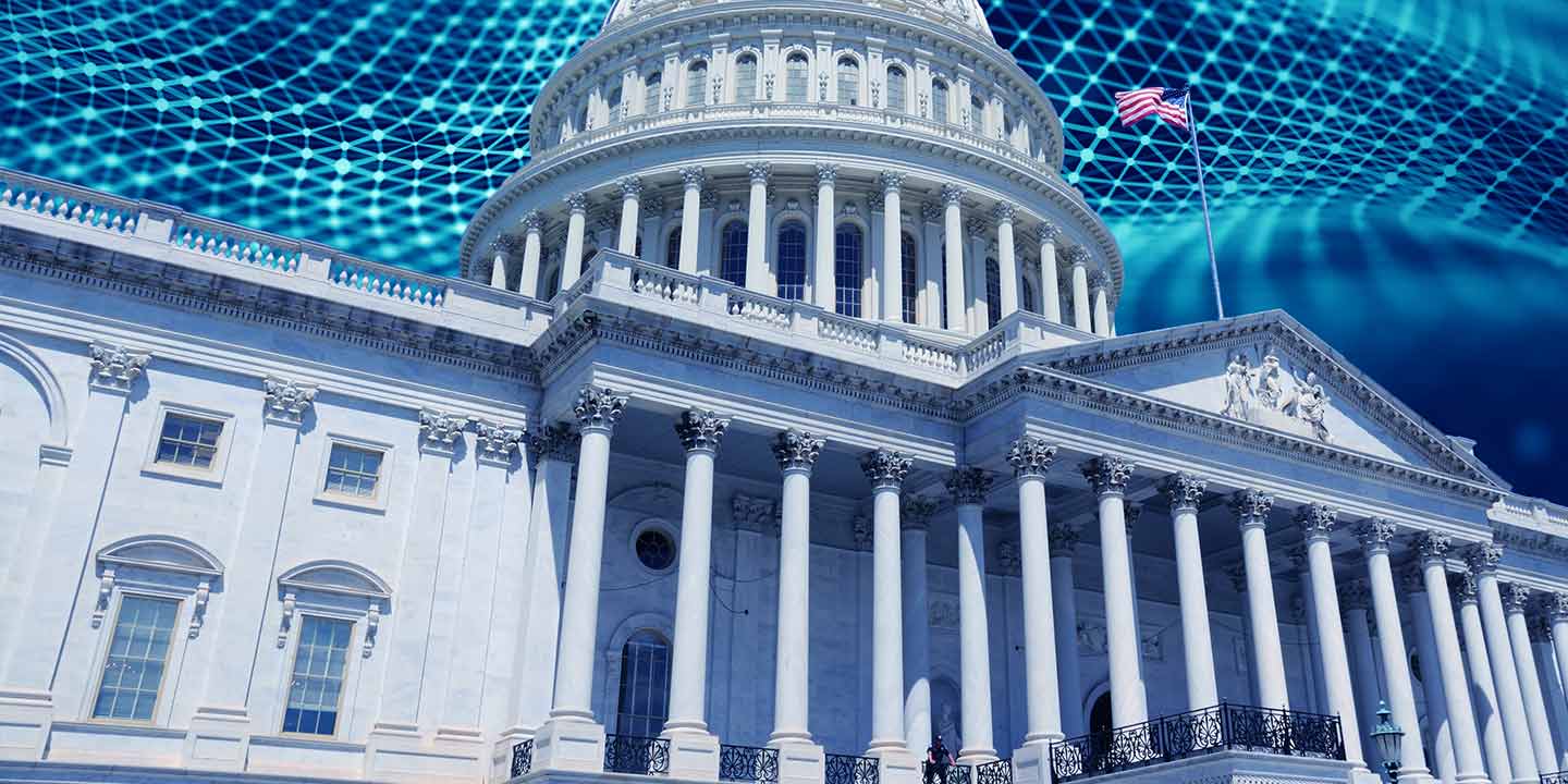 The United States Capitol beneath a stylized network of blue lines