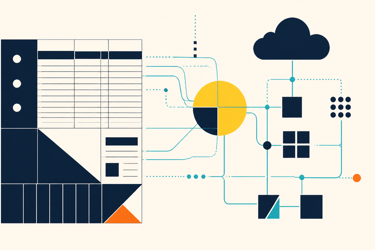 Abstract Swiss-style illustration of a paper ledger becoming a connected cloud workflow