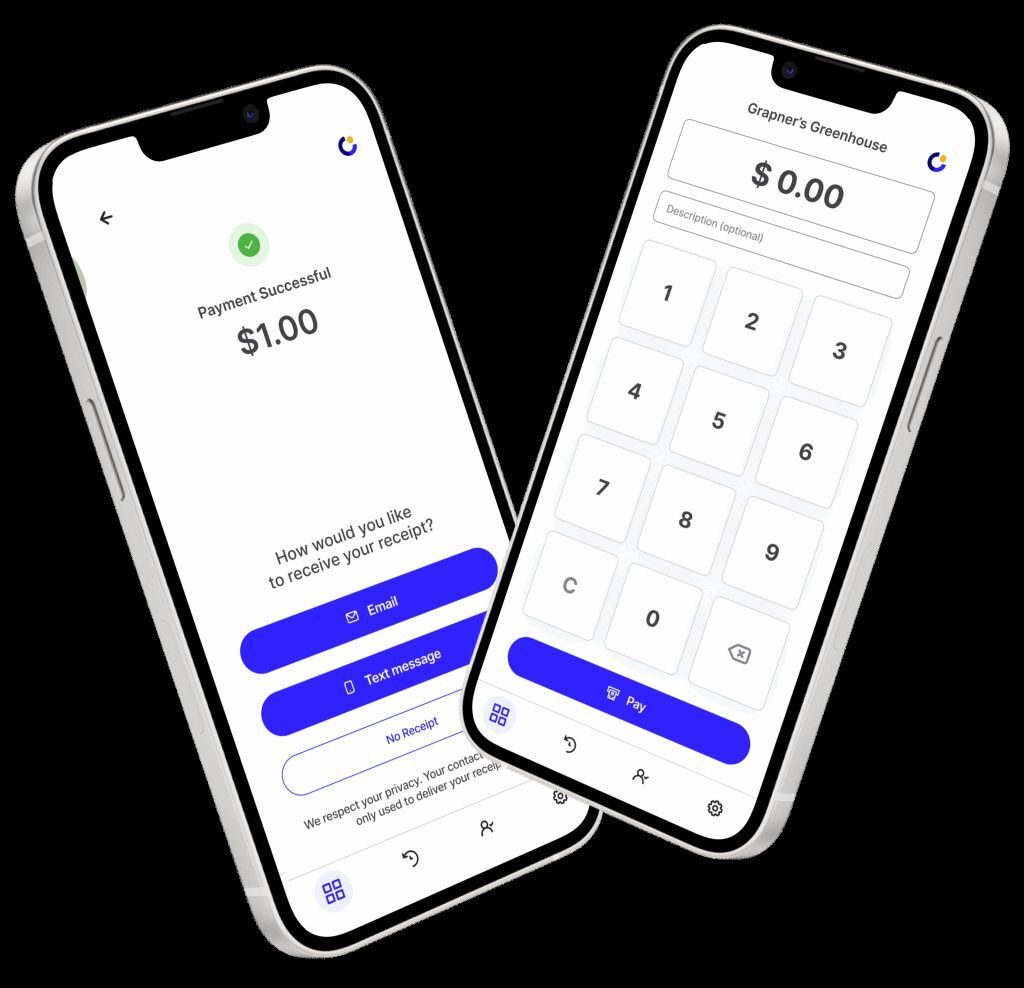 Two phones displaying the CPOS Pay amount entry and successful payment screens