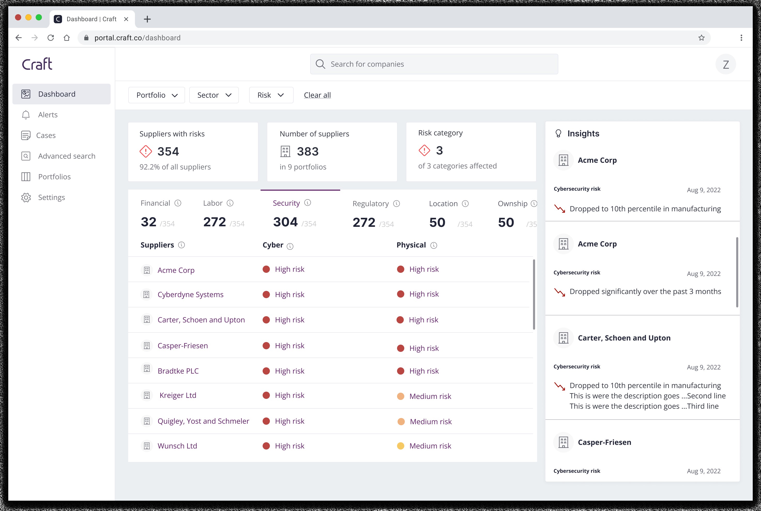 Craft product dashboard showing supplier risk categories and alerts