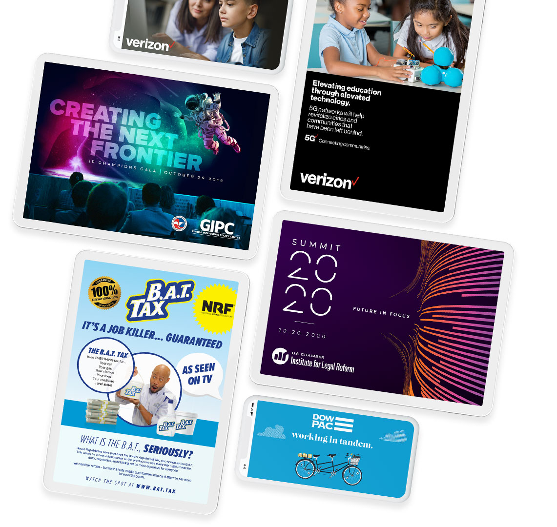 A collage of CRAFT campaign work including Verizon, B.A.T. Tax, policy events, and corporate communications
