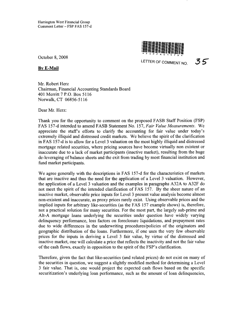 First page of the October 8, 2008 Harrington West fair value accounting letter