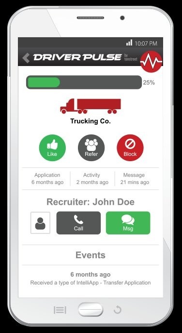 Historical Driver Pulse screen showing hiring progress, carrier preferences, and recruiter contact buttons