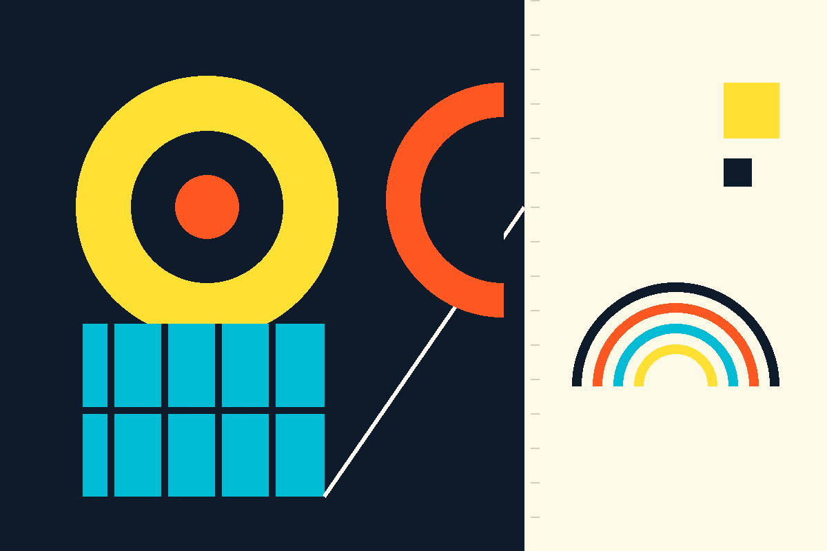 Swiss-style geometric illustration of plates, a crate and stacked bowls