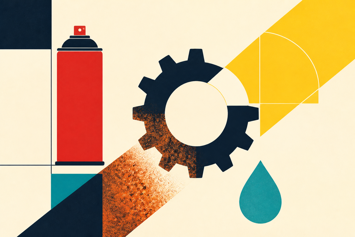 Abstract Swiss-style illustration of an aerosol can, gear, corrosion and a fluid droplet