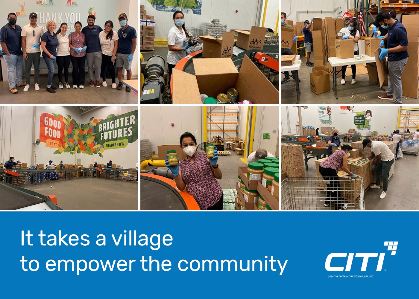 CITI volunteers packing food boxes and gathering at the Capital Area Food Bank
