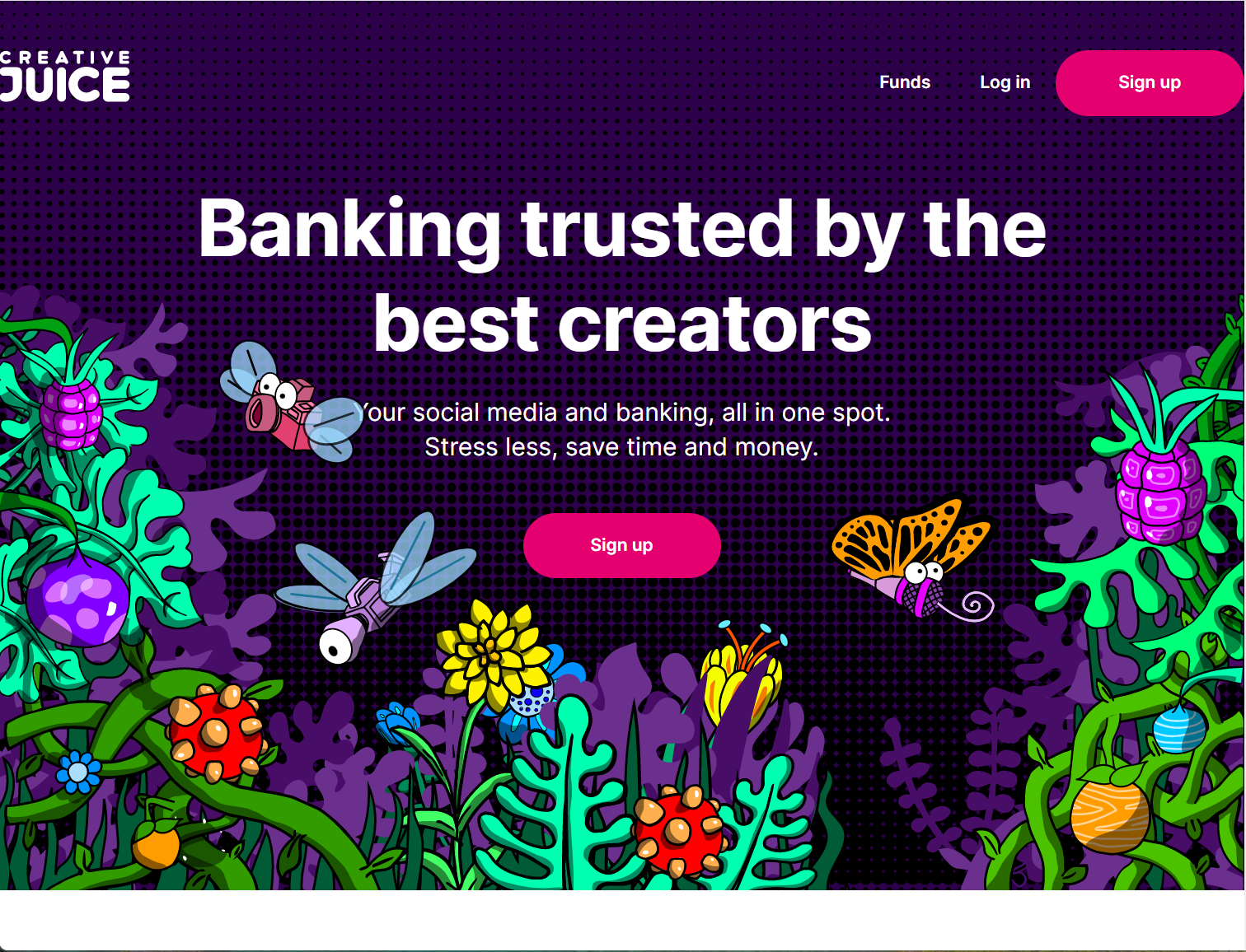 Archive screenshot of Creative Juice's colorful creator banking website
