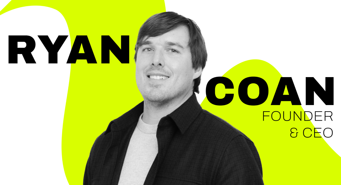 Black-and-white portrait of Creative Riff founder Ryan Coan against a lime graphic background