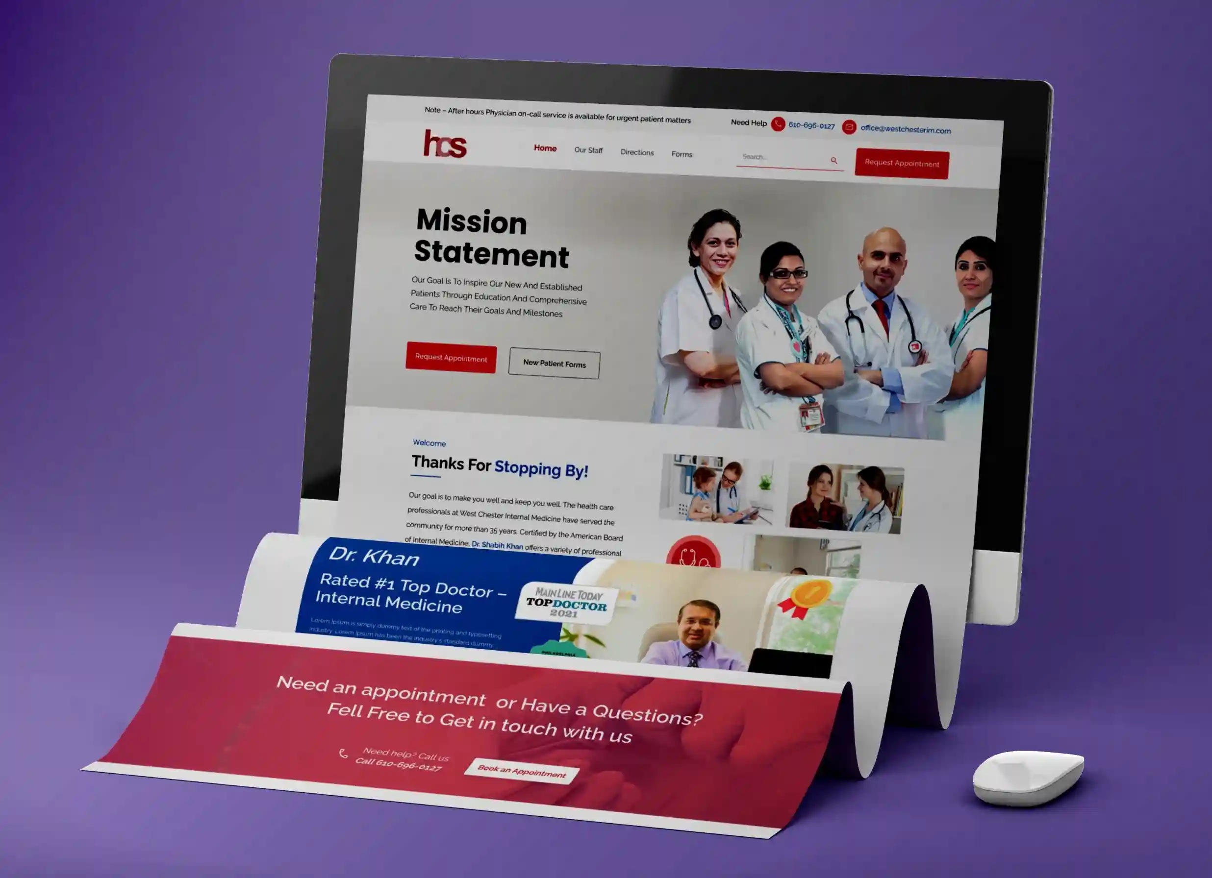 CrecenTech portfolio presentation of an HCS healthcare website on a desktop display