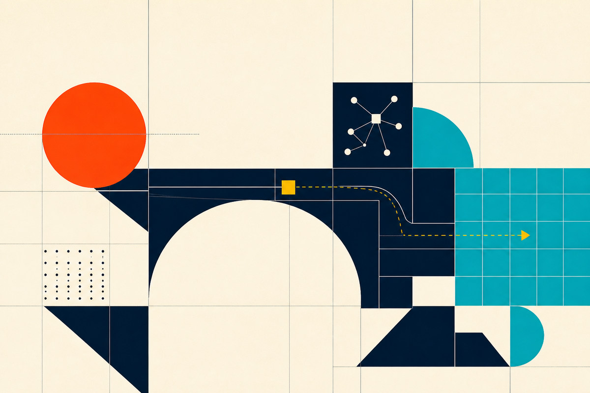 Abstract geometric bridge connecting an orange circle with a teal data grid