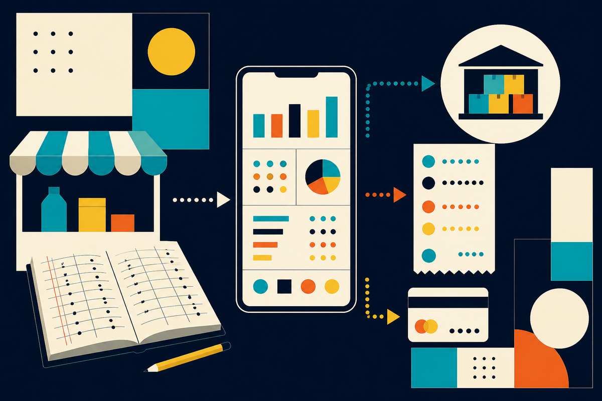 Abstract Swiss-style illustration connecting a paper ledger, mobile dashboard, shop inventory and wholesale warehouse