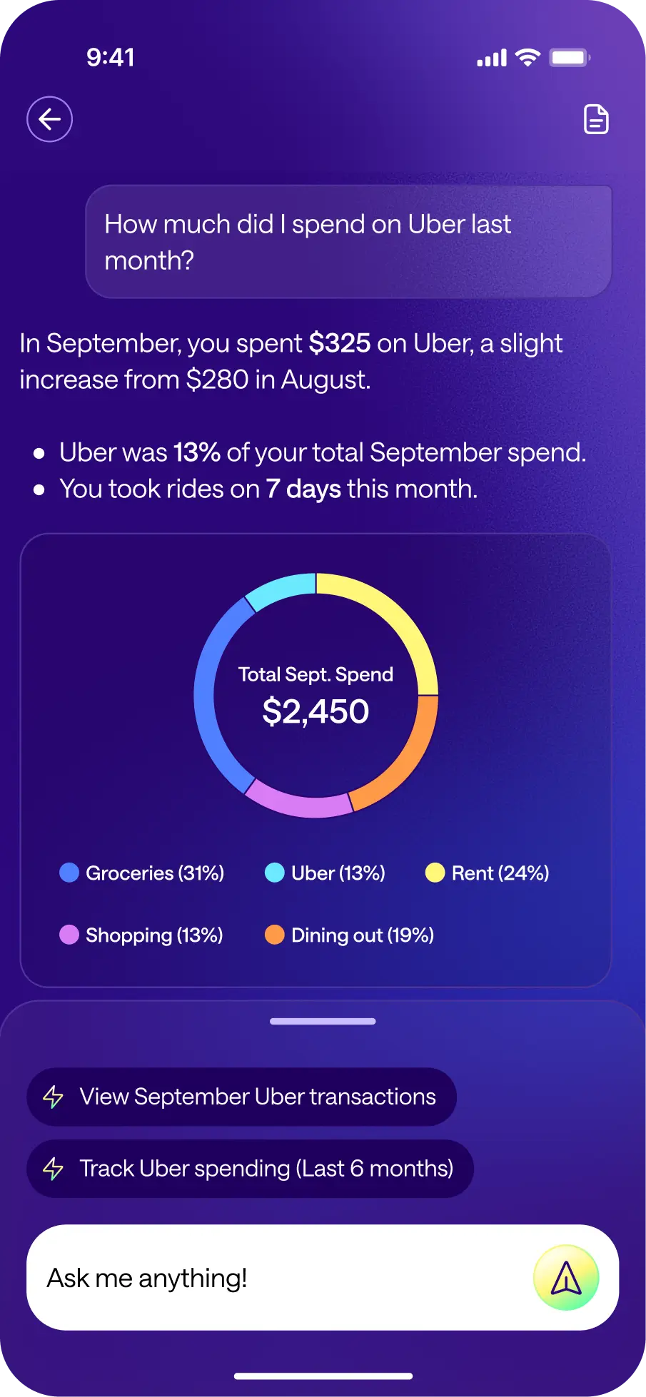 AskGenie promotional screen showing an example question about rideshare spending and a spending chart