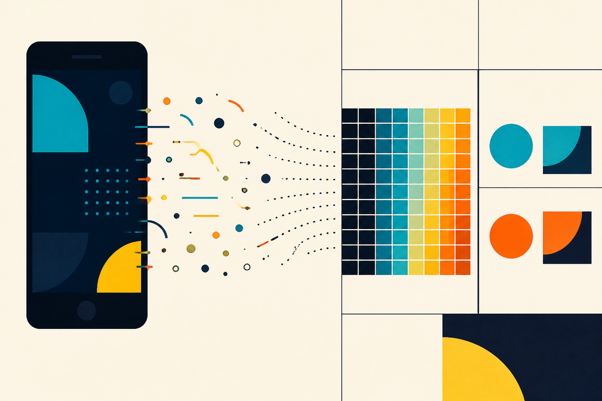 Abstract Swiss-style illustration of anonymous signals flowing from a phone into a scoring grid