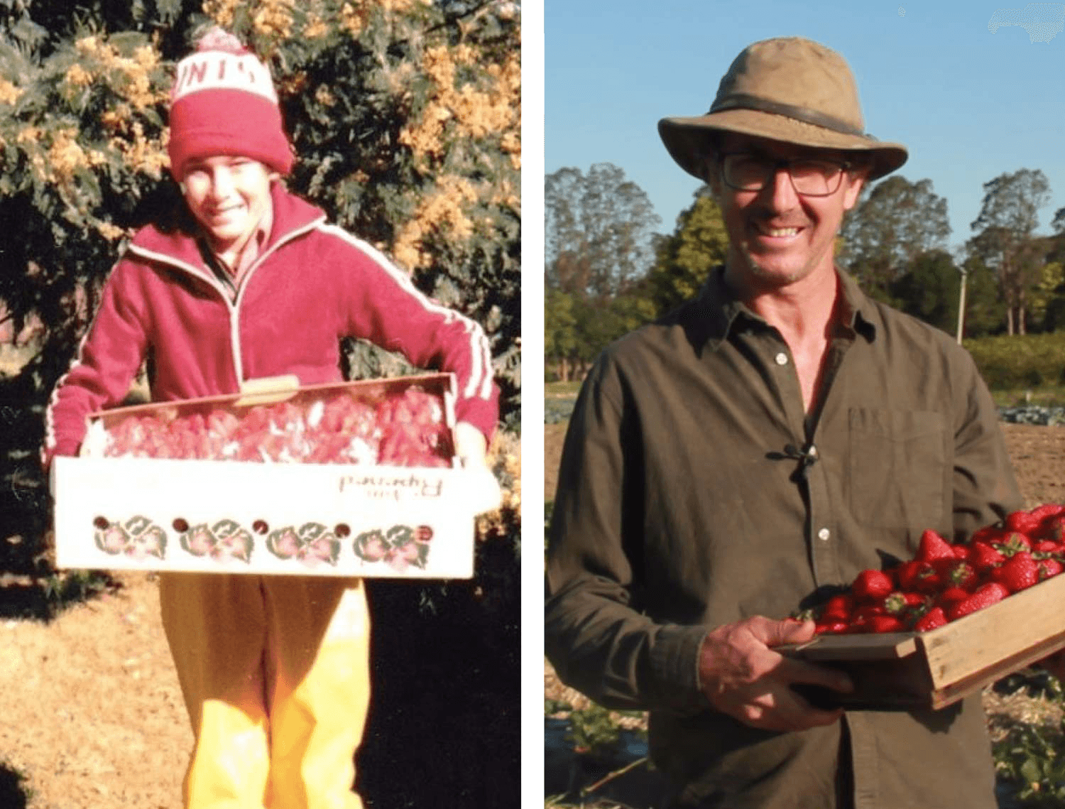 Zestiny Farm diptych of Creel Price holding strawberries as a child and as an adult