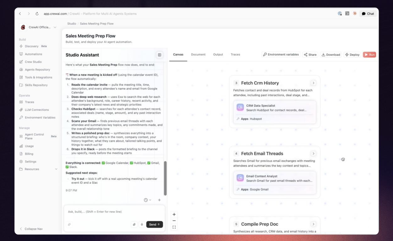 CrewAI Studio showing a sales meeting preparation flow with HubSpot and Gmail steps