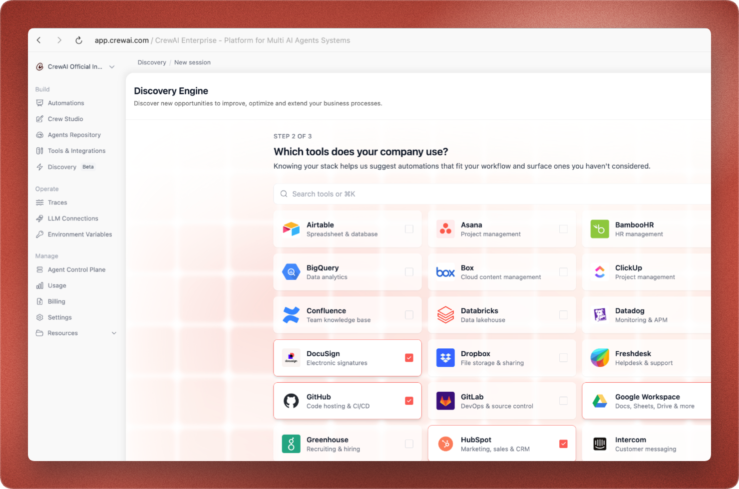 CrewAI Discovery interface asking which business tools a company uses