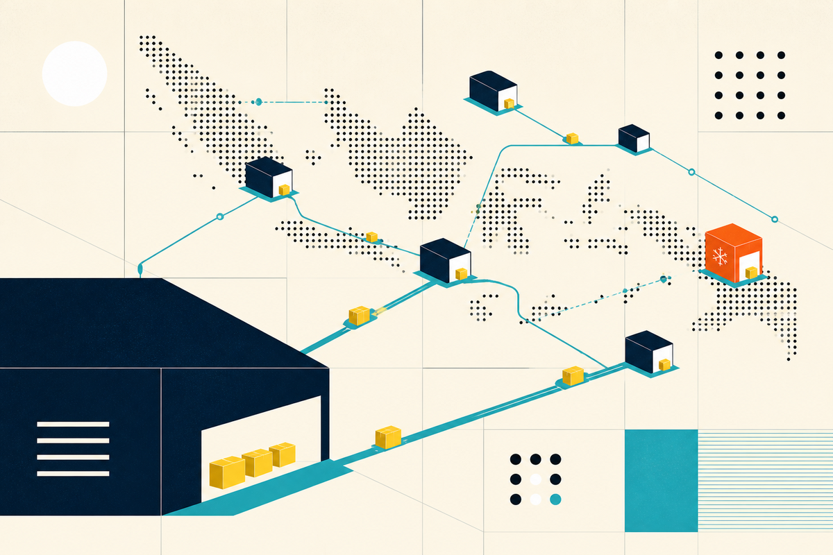 Abstract Swiss-style illustration of parcels moving between distributed warehouse nodes across Indonesia