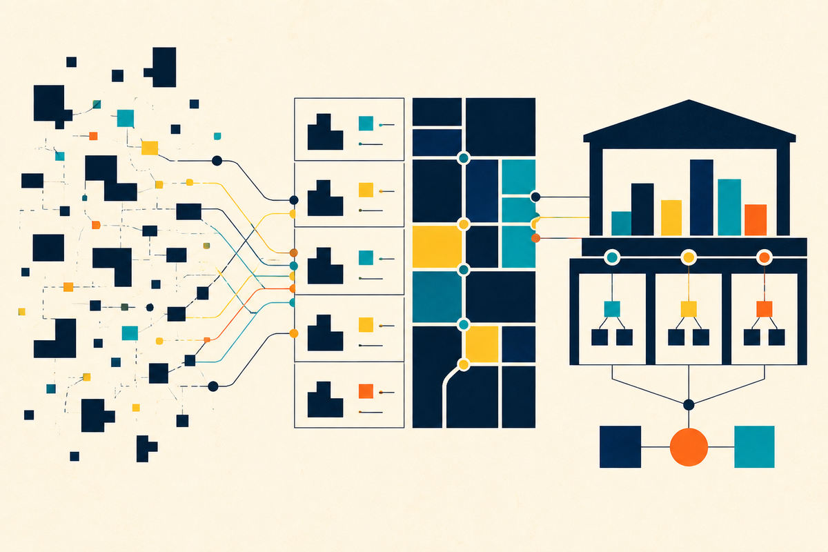 Abstract Swiss-style illustration of scattered property records becoming an organized market exchange