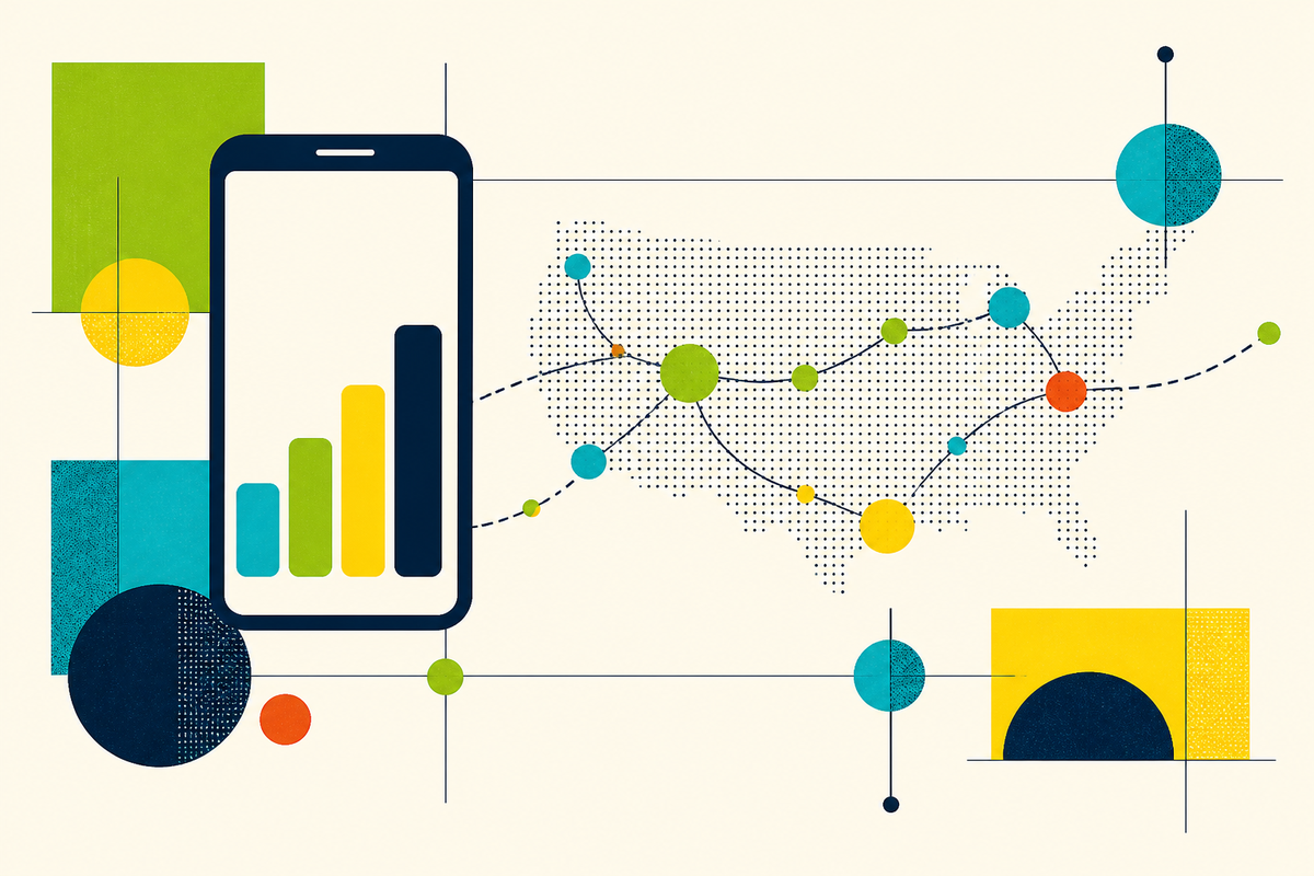 Abstract Swiss-style illustration of a phone, signal bars and a connected map