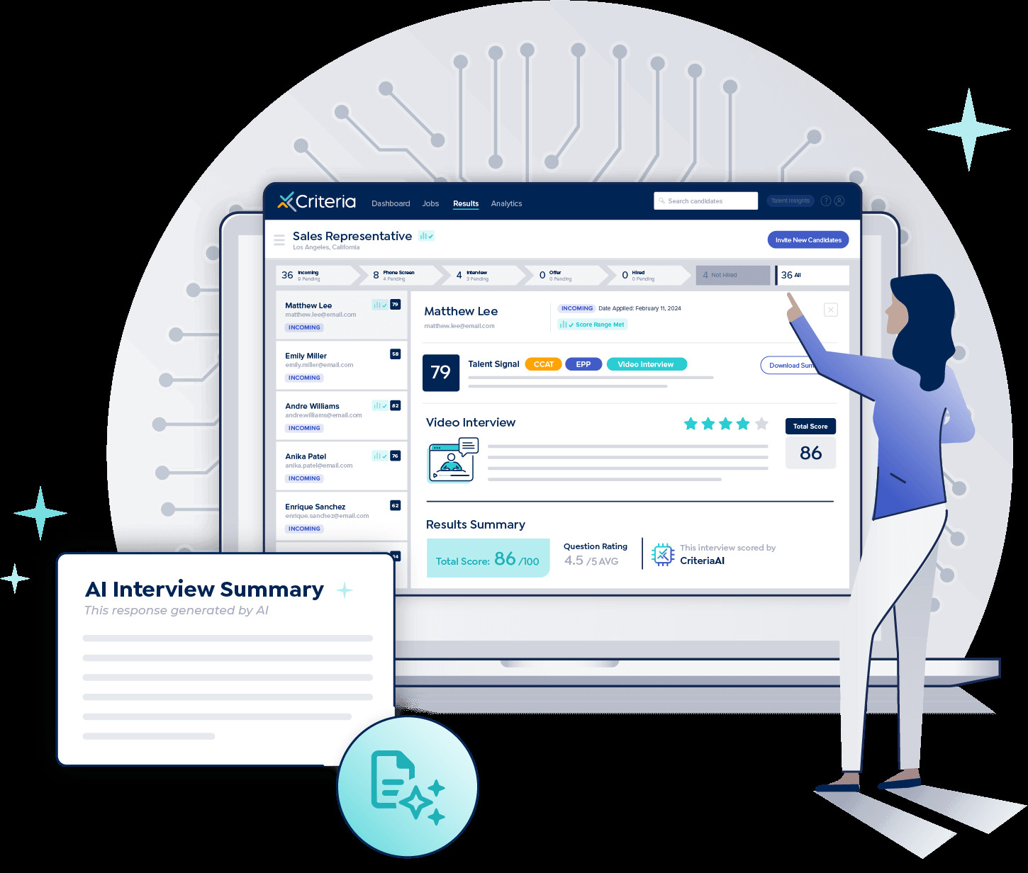 Criteria Interview Intelligence interface showing candidate signals and an AI interview summary
