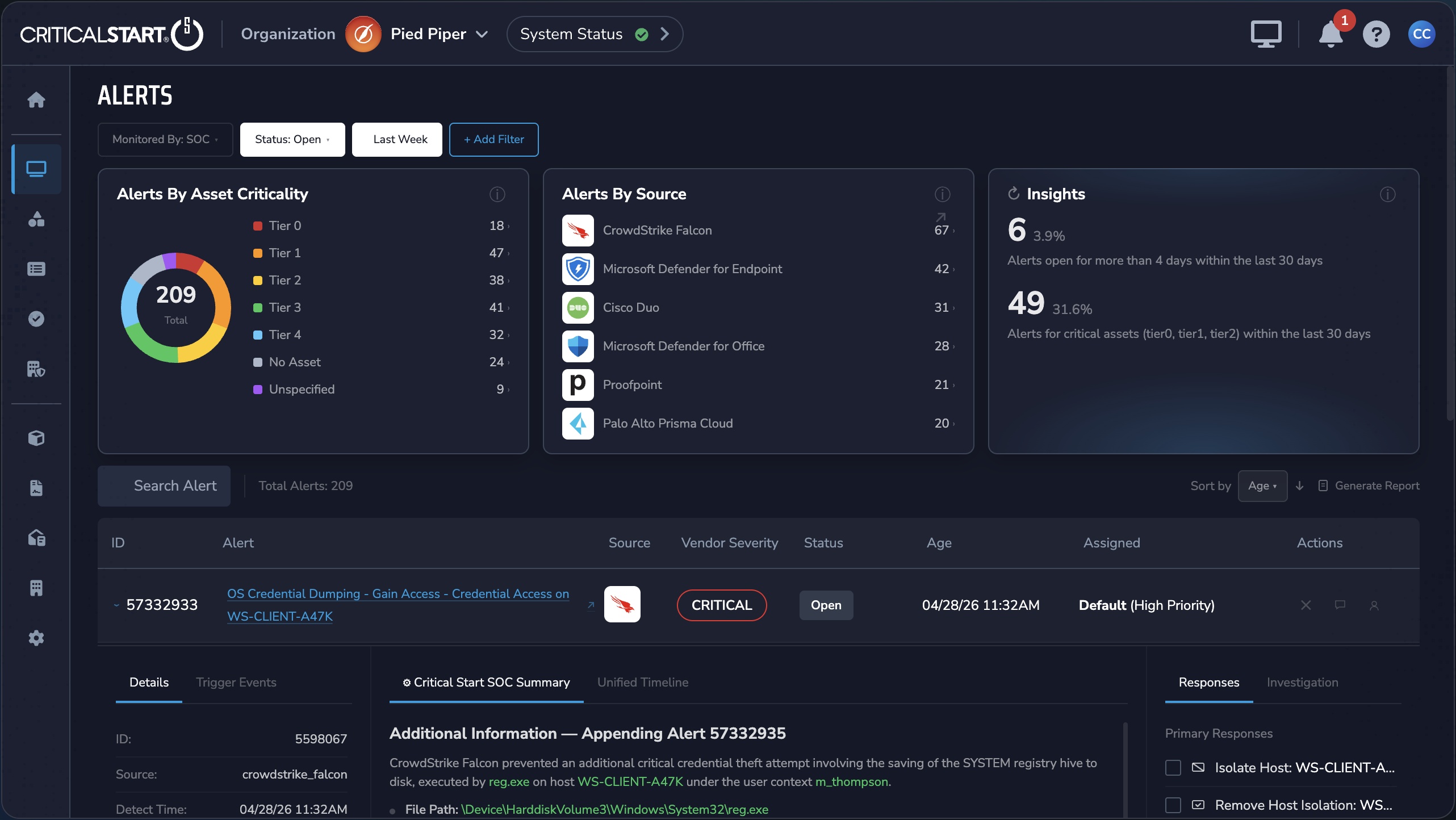 Critical Start CORR platform showing its alert investigation interface