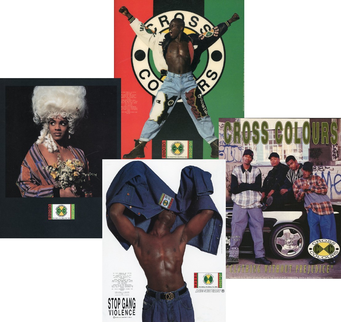 A collage of vintage Cross Colours advertisements featuring models in denim, plaid and color-block clothing