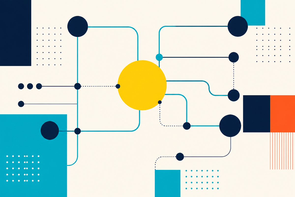 Abstract Swiss-style network of connected nodes representing healthcare workforce coordination