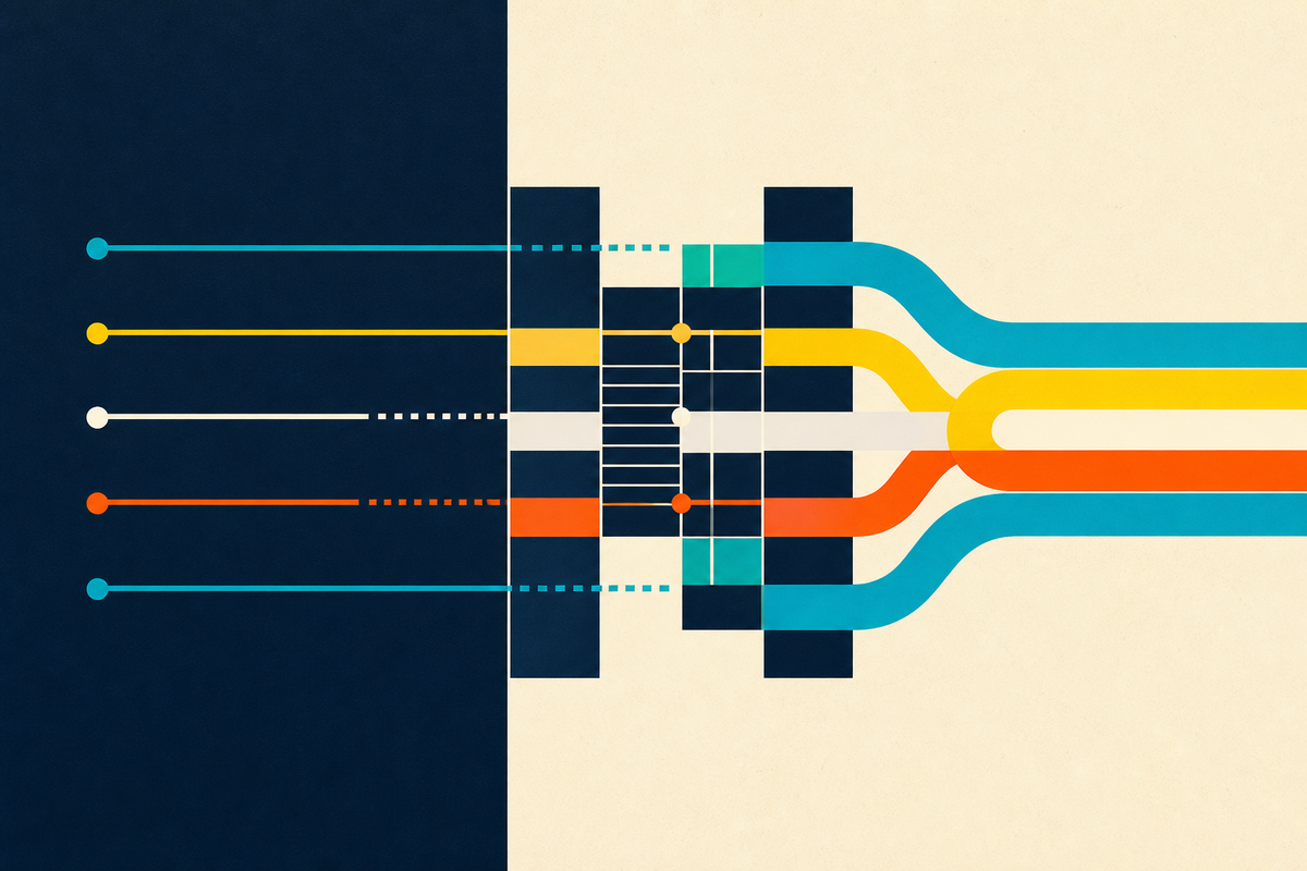 Abstract Swiss-style composition showing colorful financial rails crossing a structured bank ledger