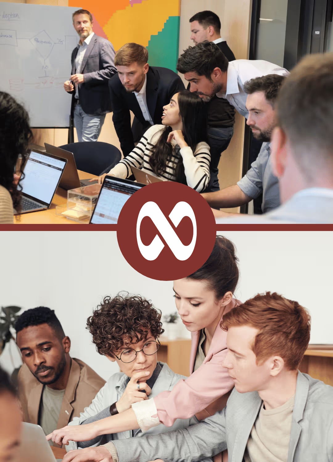 Crossfuze website promotional collage showing people collaborating around laptops and a whiteboard