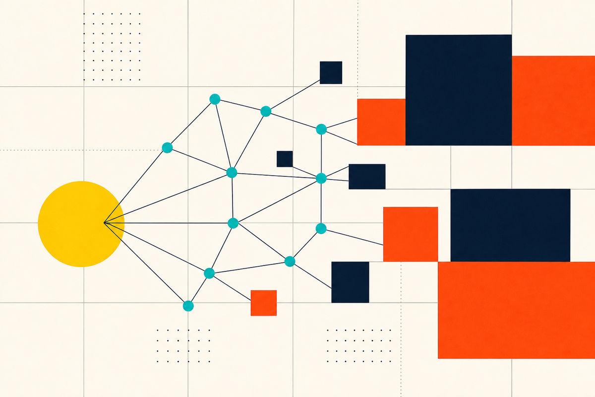 Abstract Swiss-style composition showing a yellow seed connected through teal network nodes to growing blocks