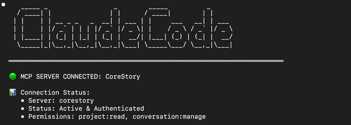 CoreStory product screen showing a coding agent connected to its code intelligence context