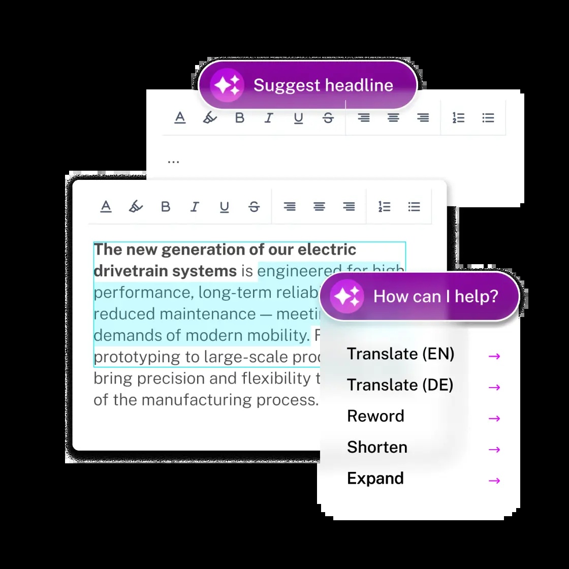 FirstSpirit promotional screenshot showing text editing and AI-assisted content options