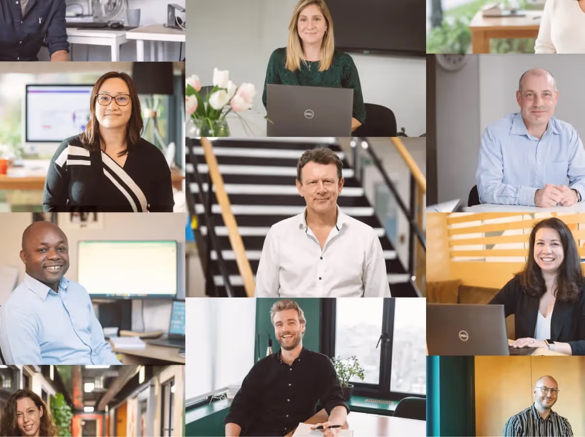 A montage of Crunch staff portraits published in the company history