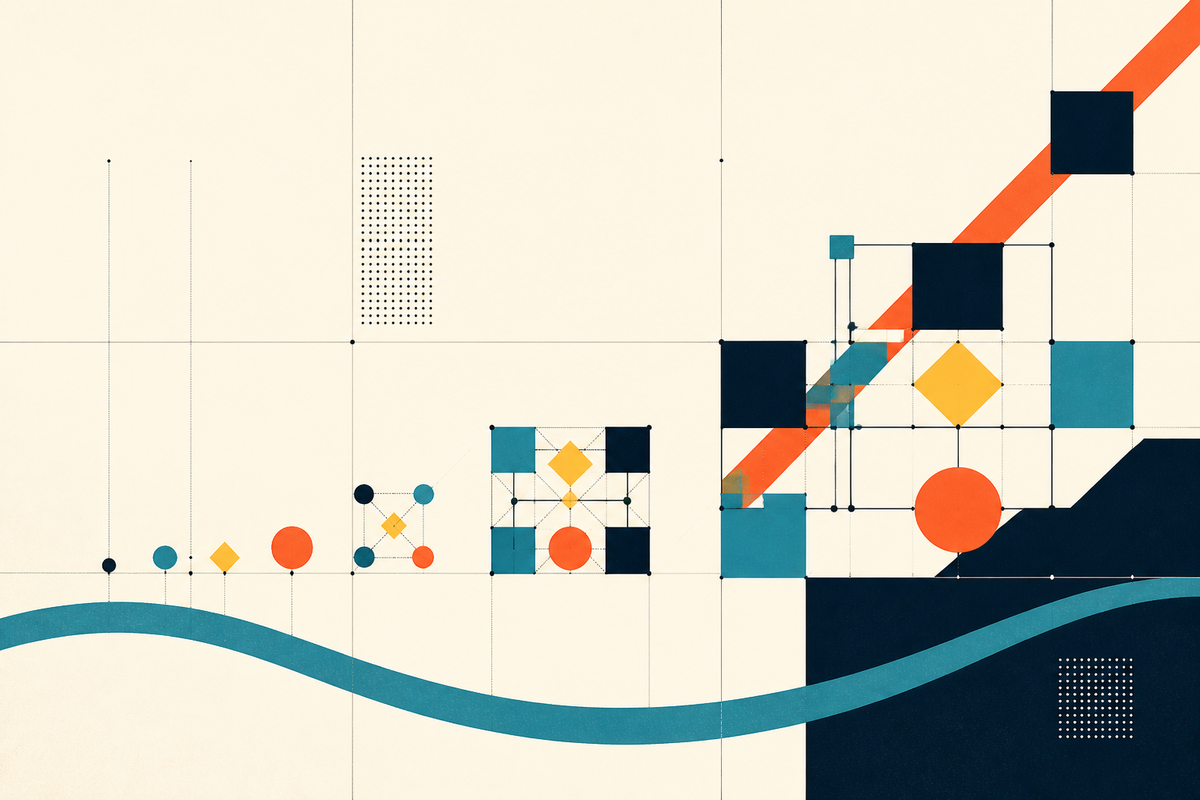 Abstract geometric forms grow from small seed shapes into connected systems across a curved teal river