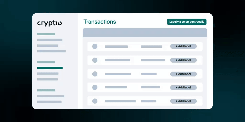 Cryptio transaction interface showing labels applied to digital asset records