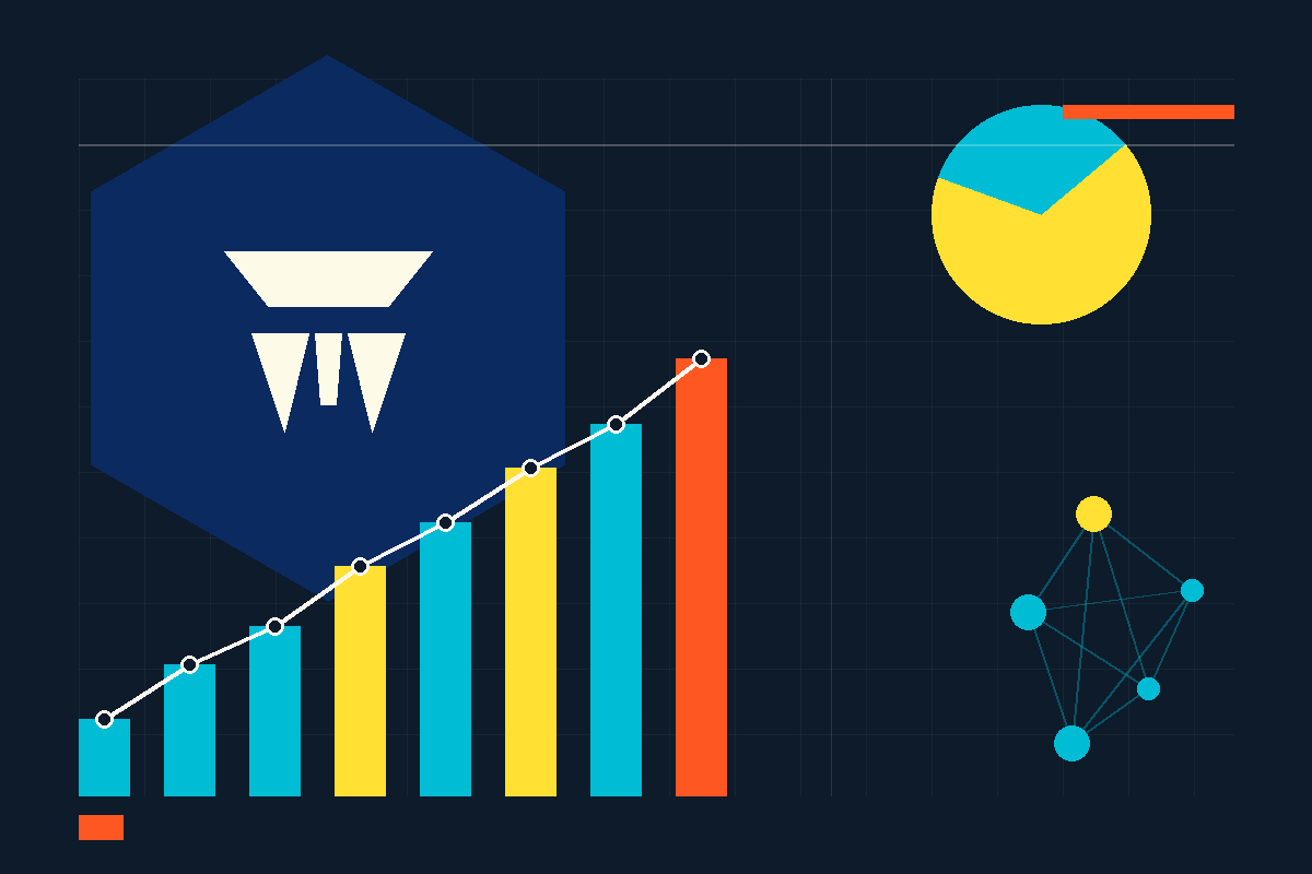 Swiss-style graphic showing Crypto.com's hexagon lion mark, a rising adoption chart, and a network of nodes